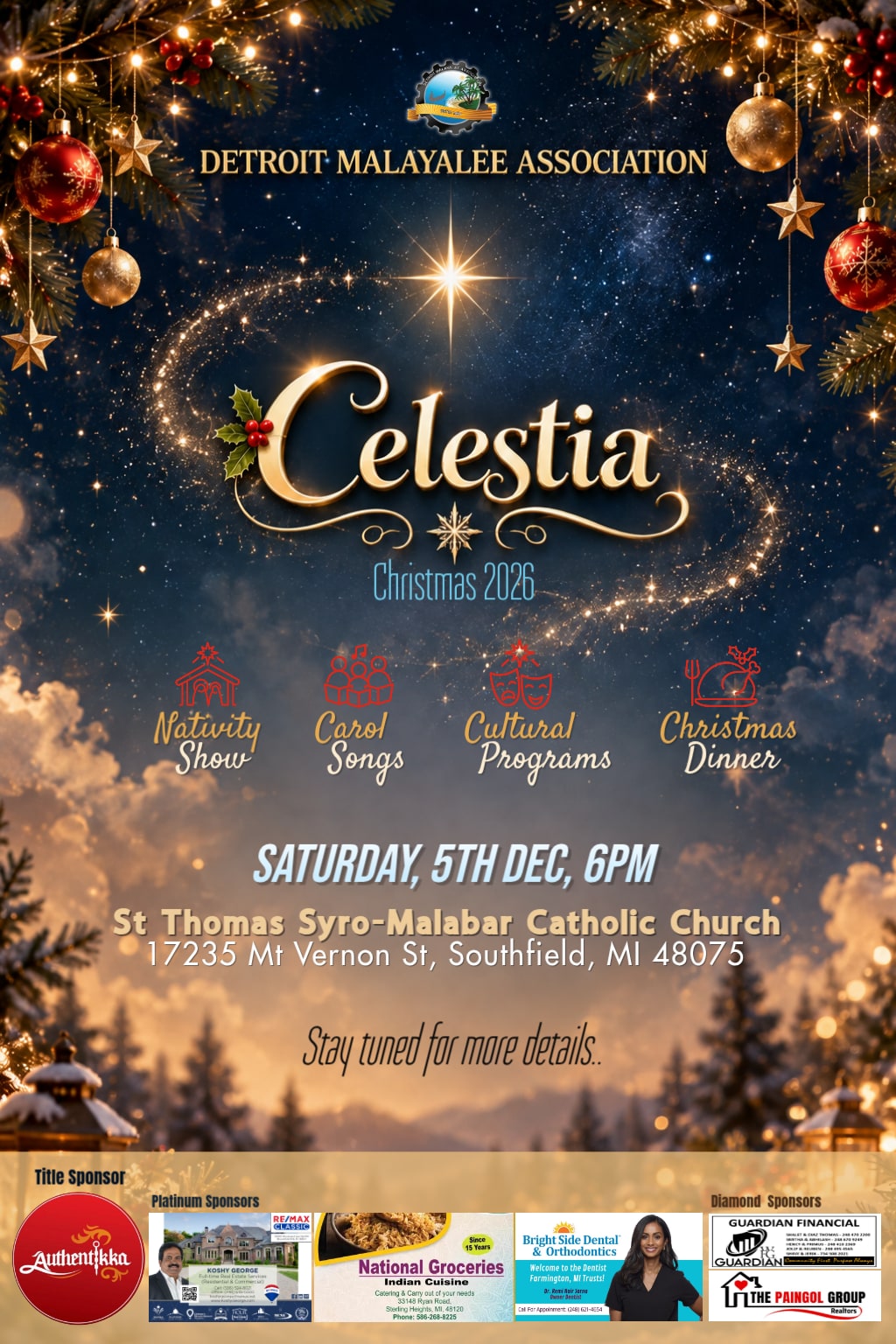 Celestia '26 — DMA Christmas Celebration, Saturday December 5 2026, 6PM, St Thomas Syro-Malabar Catholic Church, 17235 Mt Vernon St, Southfield, MI 48075